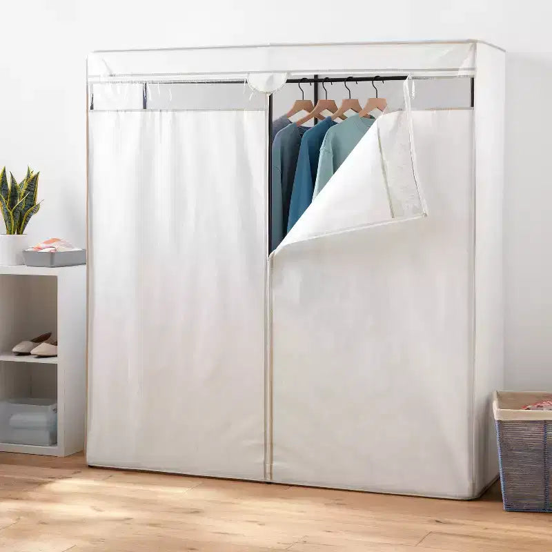 60" Wide Covered Storage Closet White, Portable Garment Rack with Steel Frame and Zip Cover