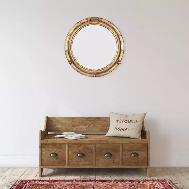 22" Round Distressed Metal Porthole Mirror Gold, Modern Style, Wall Mounted