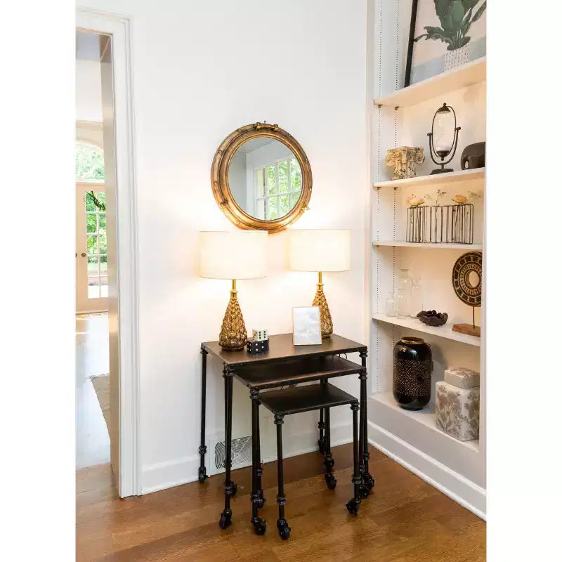 22" Round Distressed Metal Porthole Mirror Gold, Modern Style, Wall Mounted