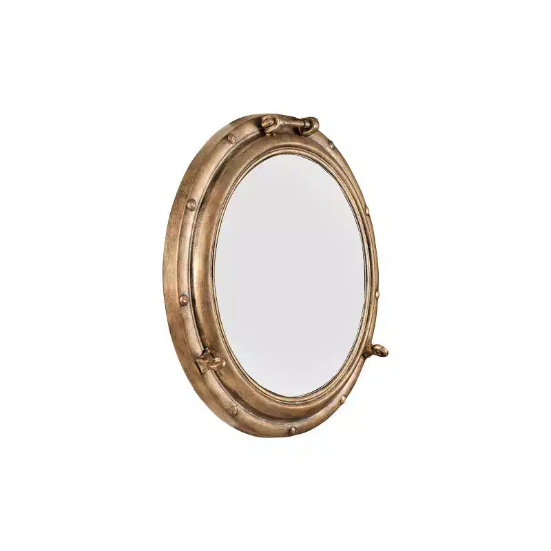 22" Round Distressed Metal Porthole Mirror Gold, Modern Style, Wall Mounted
