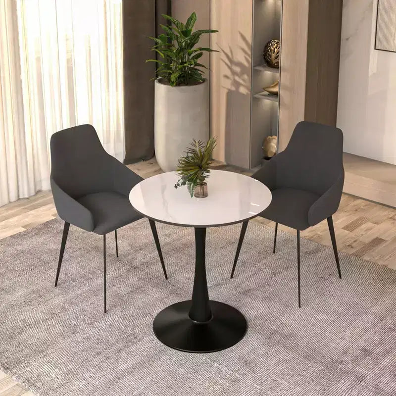 24" Round Dining Table, Sintered Stone Top Accent Café Table & Sturdy Steel Black Pedestal Base for Kitchen and Small Spaces