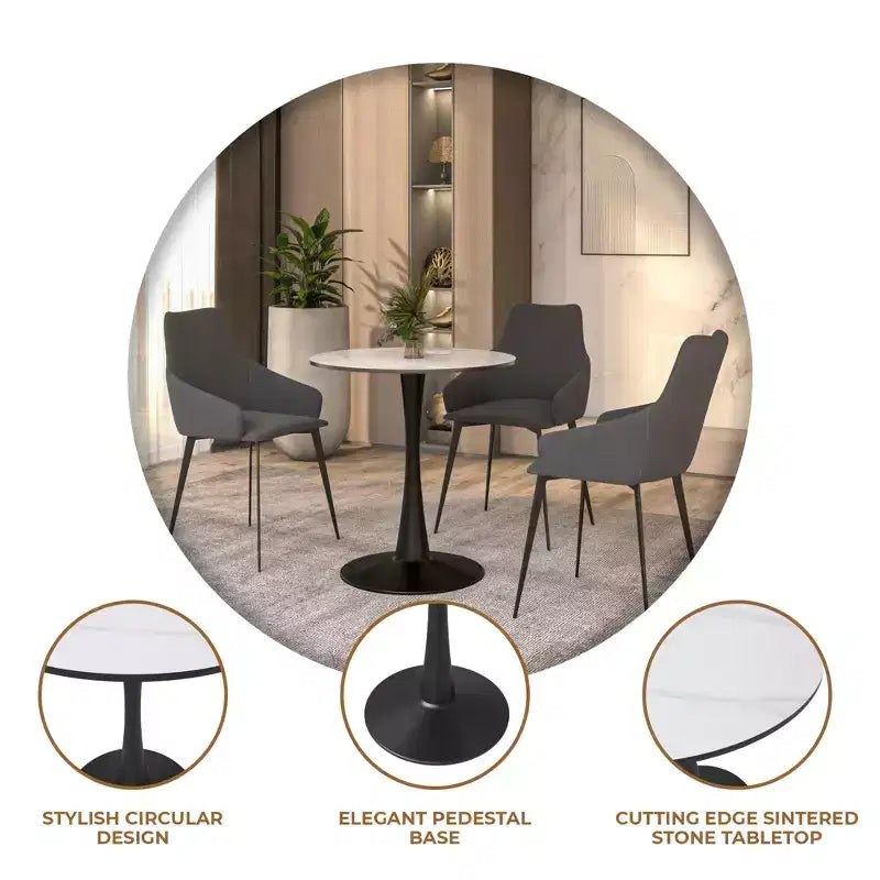 24" Round Dining Table, Sintered Stone Top Accent Café Table & Sturdy Steel Black Pedestal Base for Kitchen and Small Spaces