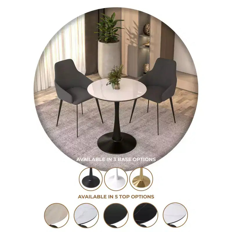 24" Round Dining Table, Sintered Stone Top Accent Café Table & Sturdy Steel Black Pedestal Base for Kitchen and Small Spaces