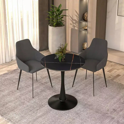 24" Round Dining Table, Sintered Stone Top Accent Café Table & Sturdy Steel Black Pedestal Base for Kitchen and Small Spaces