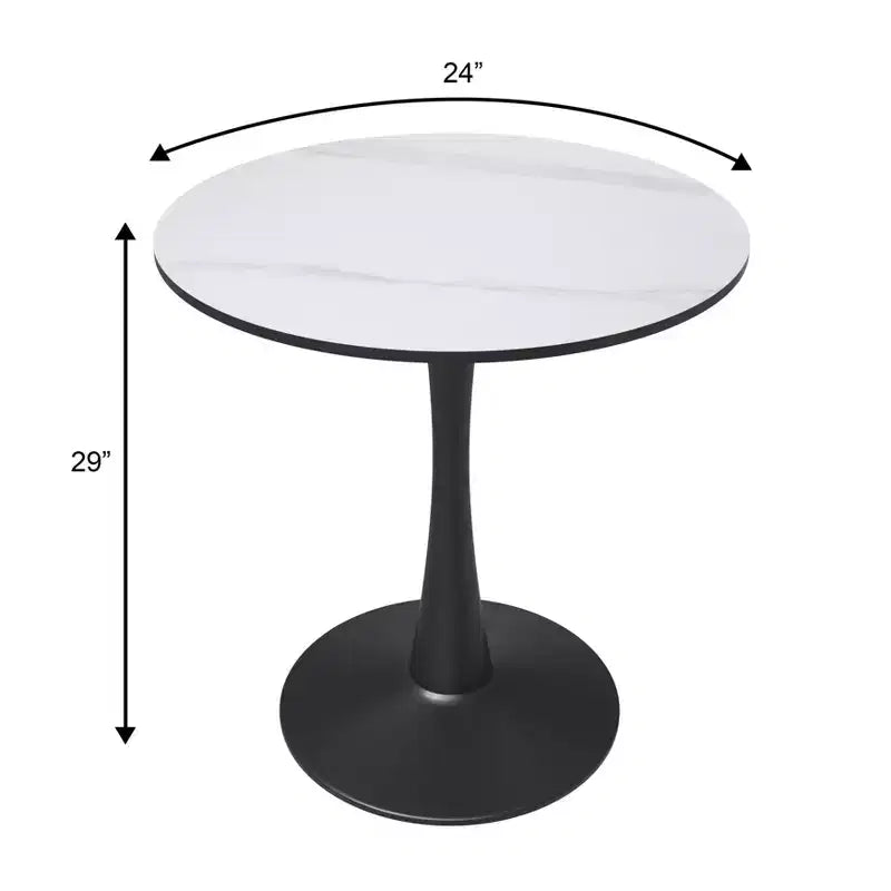 24" Round Dining Table, Sintered Stone Top Accent Café Table & Sturdy Steel Black Pedestal Base for Kitchen and Small Spaces