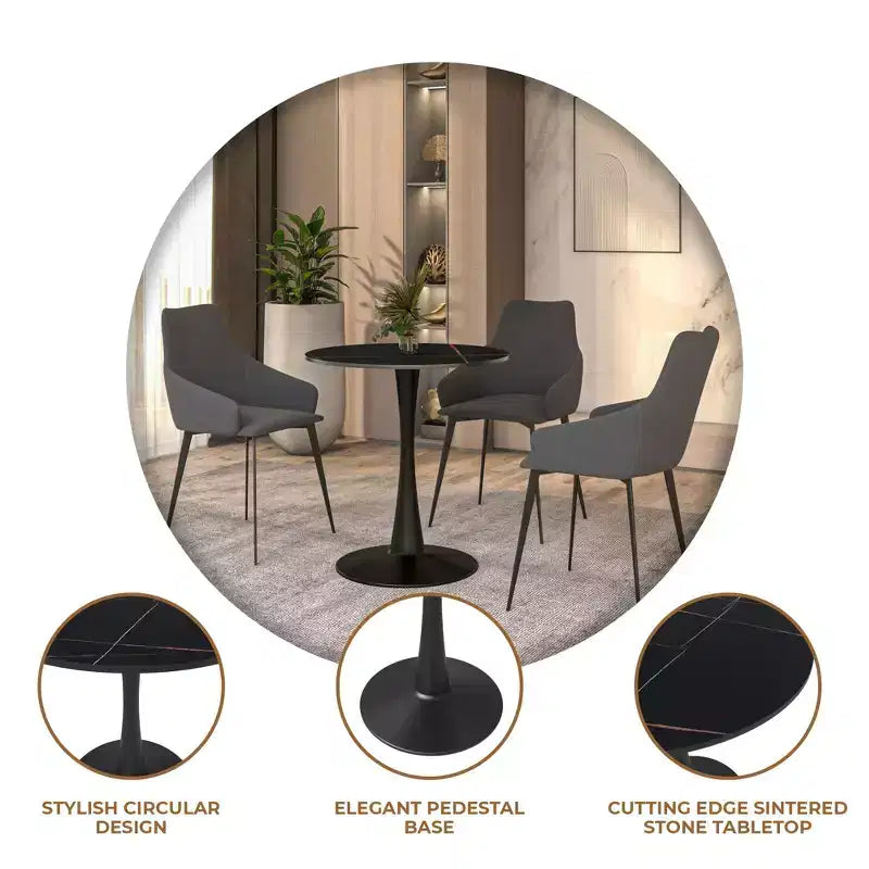 24" Round Dining Table, Sintered Stone Top Accent Café Table & Sturdy Steel Black Pedestal Base for Kitchen and Small Spaces