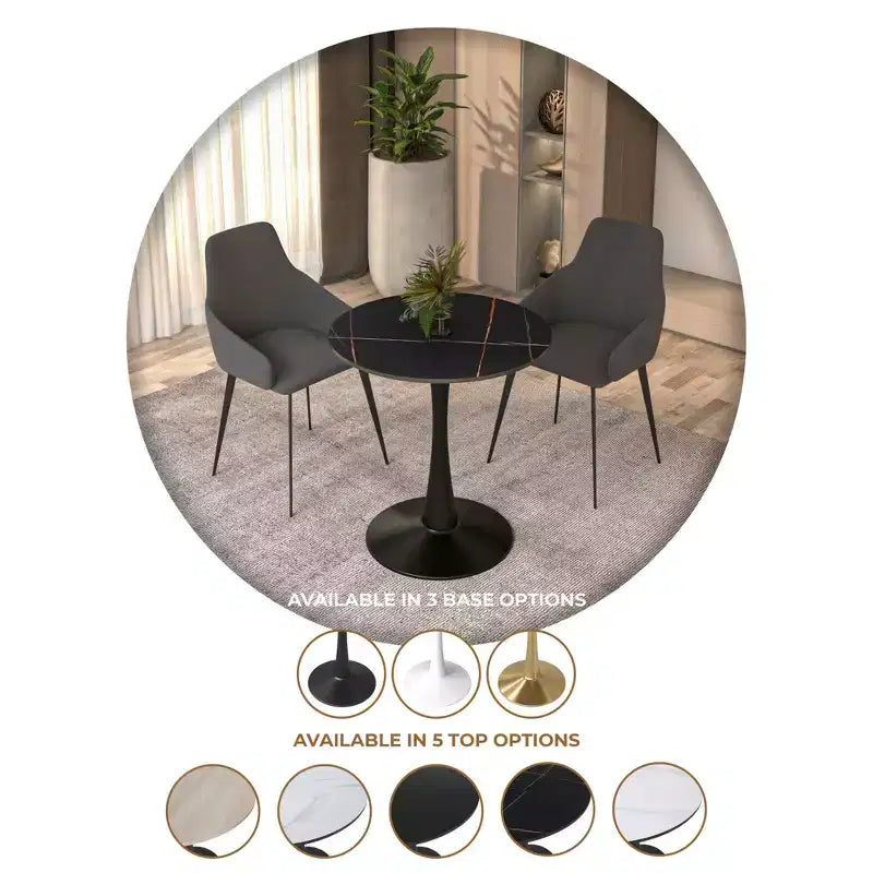 24" Round Dining Table, Sintered Stone Top Accent Café Table & Sturdy Steel Black Pedestal Base for Kitchen and Small Spaces
