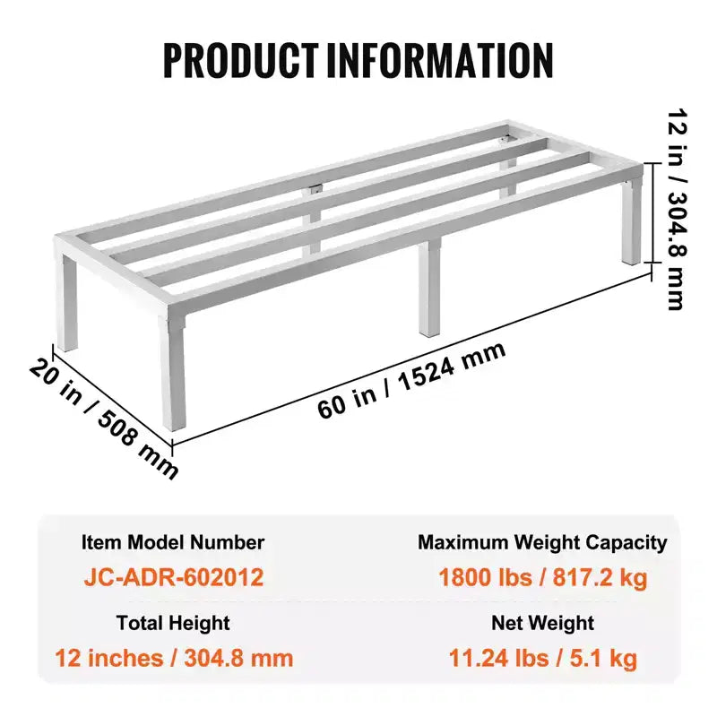 Aluminum Dunnage Rack, 60 x 20 Commercial Food Floor Rack, 12" Off the Floor, 1800 lbs Capacity All-Welded Aluminum Storage Rack