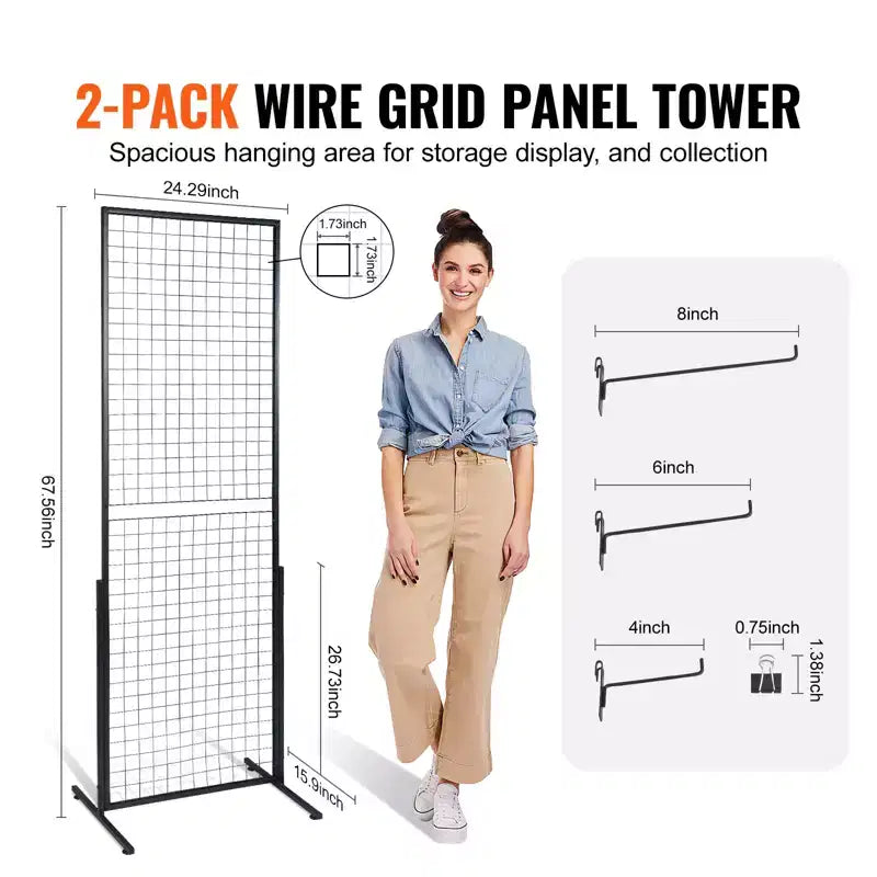 2' x 5.6' Grid Wall Panels Tower, 2 Packs Wire Gridwall Display Racks with T-Base Floorstanding, Double Side Gridwall Panels