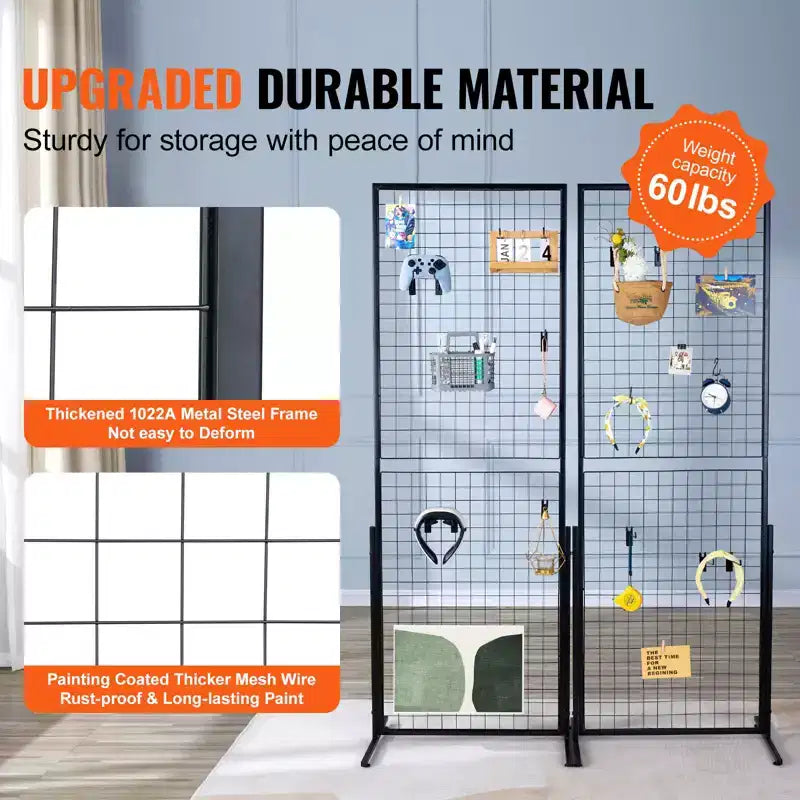 2' x 5.6' Grid Wall Panels Tower, 2 Packs Wire Gridwall Display Racks with T-Base Floorstanding, Double Side Gridwall Panels