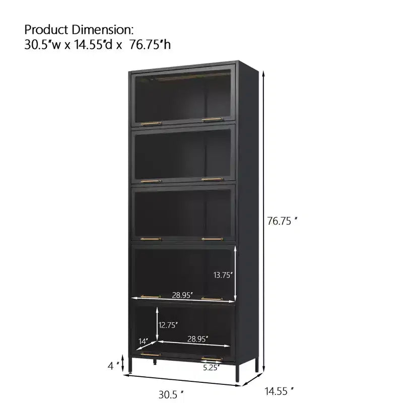 Tall Display Cabinet with Glass Doors, 5-Tier Steel Barrister Bookcase Curio Cabinet, Black