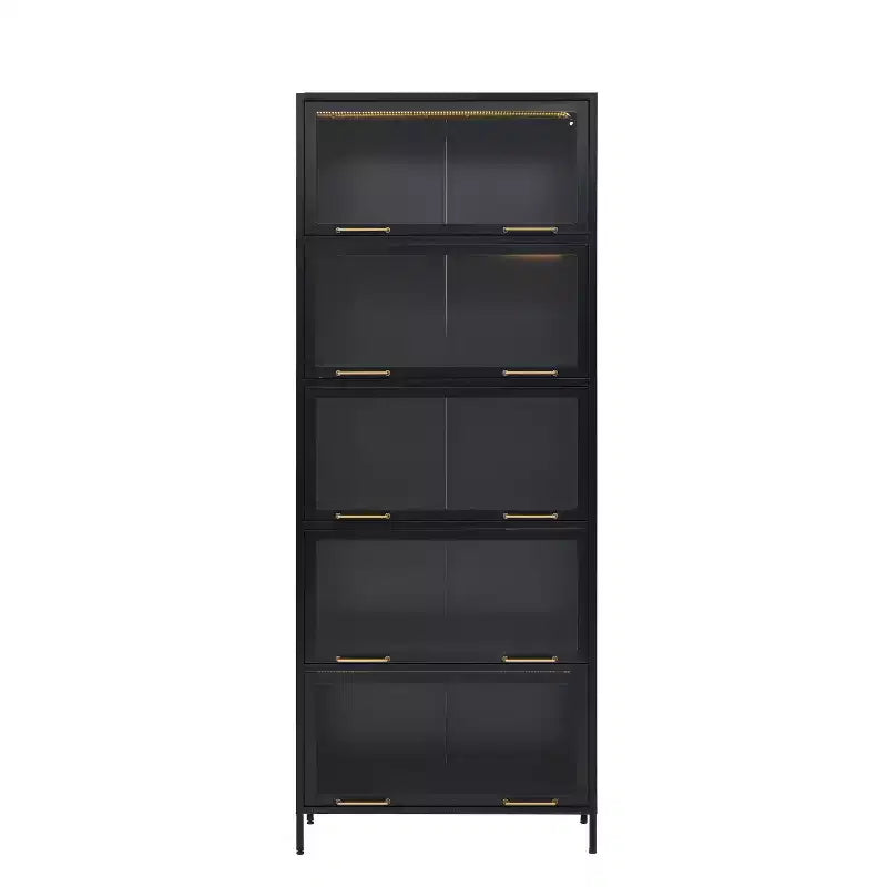 Tall Display Cabinet with Glass Doors, 5-Tier Steel Barrister Bookcase Curio Cabinet, Black