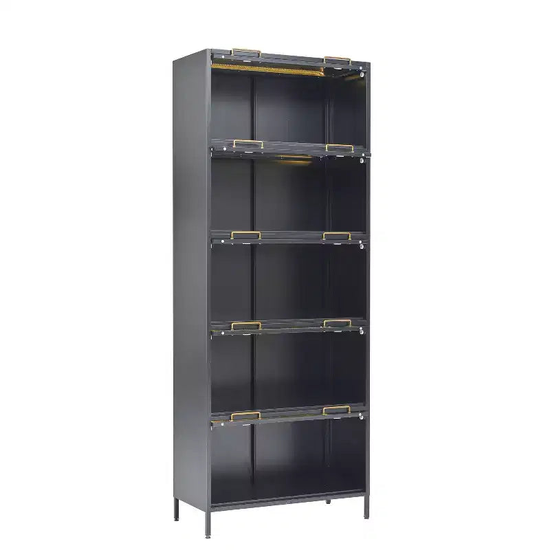 Tall Display Cabinet with Glass Doors, 5-Tier Steel Barrister Bookcase Curio Cabinet, Black