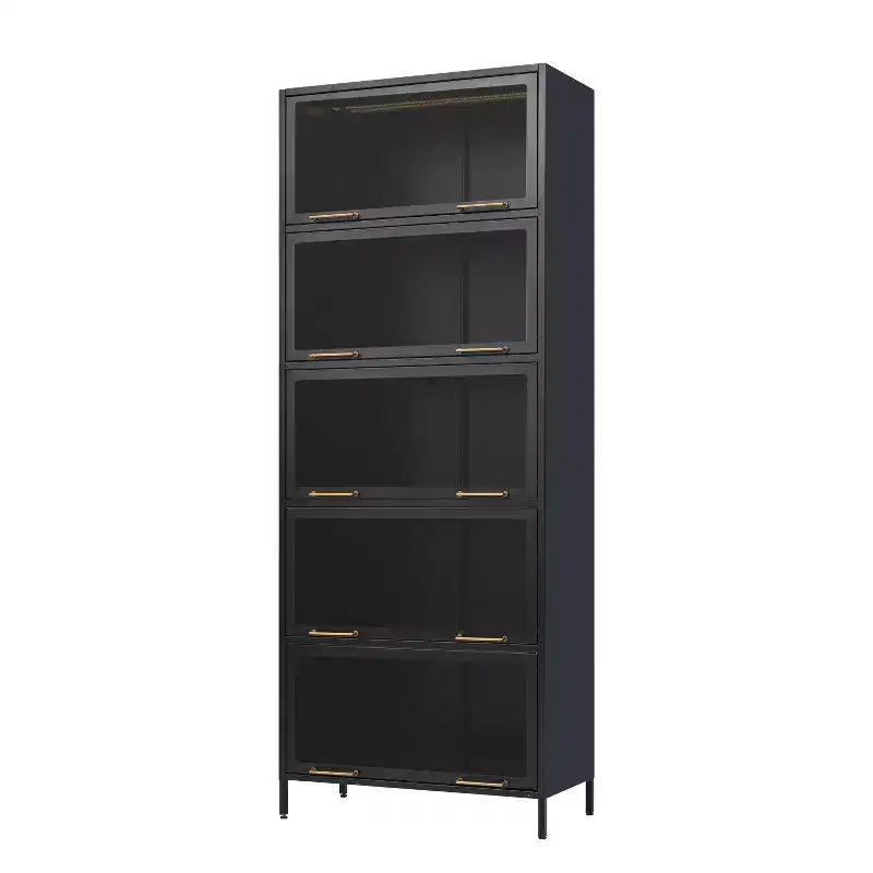 Tall Display Cabinet with Glass Doors, 5-Tier Steel Barrister Bookcase Curio Cabinet, Black
