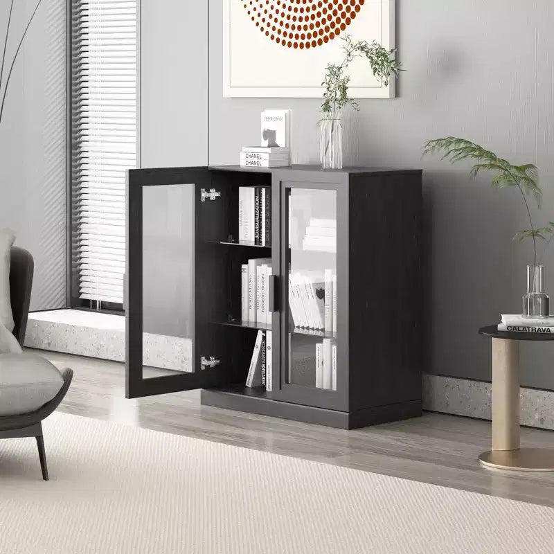 36x31x16 Wood Accent Sideboard Cabinet in Black, Storage Organizer with Adjustable Shelves and Glass Doors for Kitchen Bedroom Living/Dinning Room