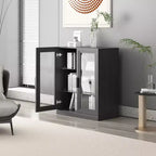 Buffet d'appoint en bois noir 36x31x16, organiseur de rangement avec étagères réglables et portes vitrées pour cuisine, chambre, salon/salle à manger