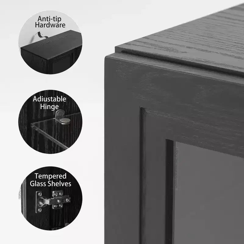 36x31x16 Wood Accent Sideboard Cabinet in Black, Storage Organizer with Adjustable Shelves and Glass Doors for Kitchen Bedroom Living/Dinning Room