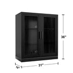 Buffet d'appoint en bois noir 36x31x16, organiseur de rangement avec étagères réglables et portes vitrées pour cuisine, chambre, salon/salle à manger