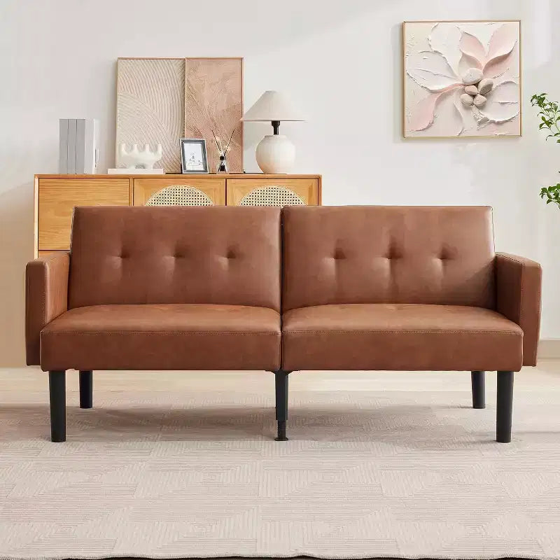3-Position Adjustable Futon Sofa Bed, Compact Loveseat, Modern Mid-Century Sleeper Sofa, Convertible Couch, Living Room Couches (Grey/Brown)