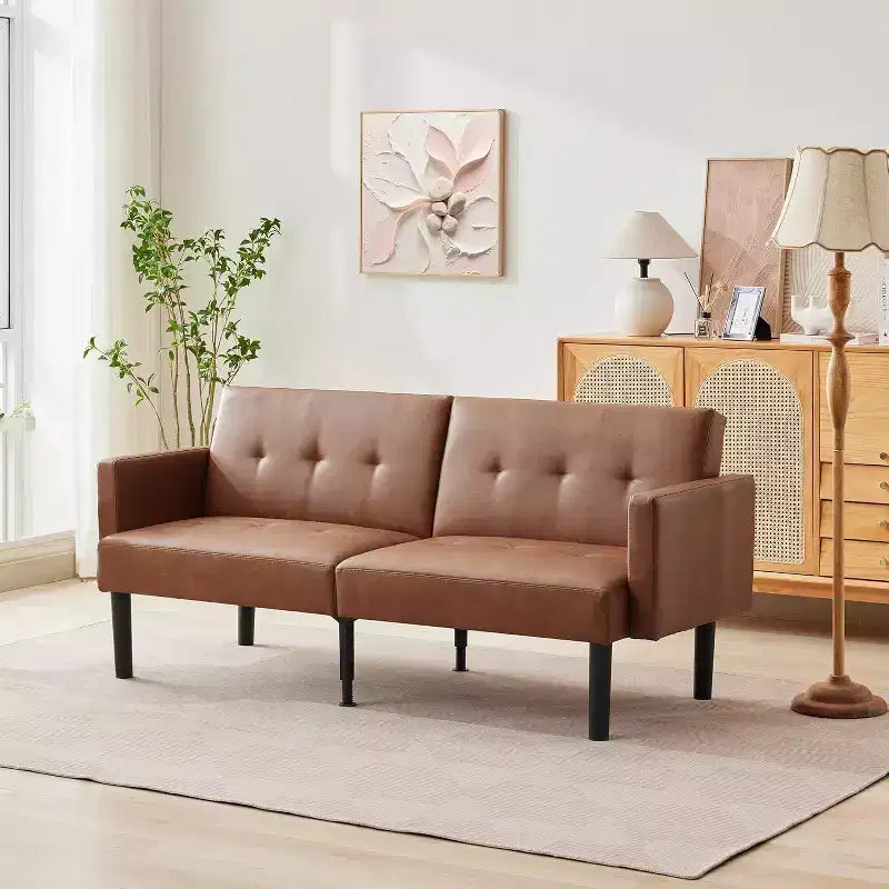 3-Position Adjustable Futon Sofa Bed, Compact Loveseat, Modern Mid-Century Sleeper Sofa, Convertible Couch, Living Room Couches (Grey/Brown)