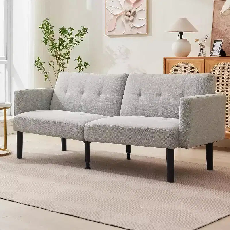 3-Position Adjustable Futon Sofa Bed, Compact Loveseat, Modern Mid-Century Sleeper Sofa, Convertible Couch, Living Room Couches (Grey/Brown)