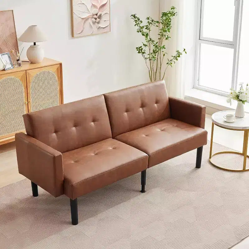 3-Position Adjustable Futon Sofa Bed, Compact Loveseat, Modern Mid-Century Sleeper Sofa, Convertible Couch, Living Room Couches (Grey/Brown)