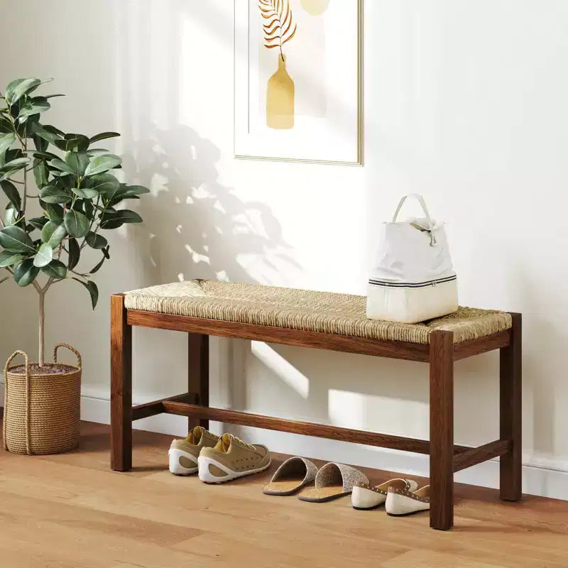40" Long Wood Bench Indoor Dining Entryway End of Bed Bench with Natural Seagrass Seat