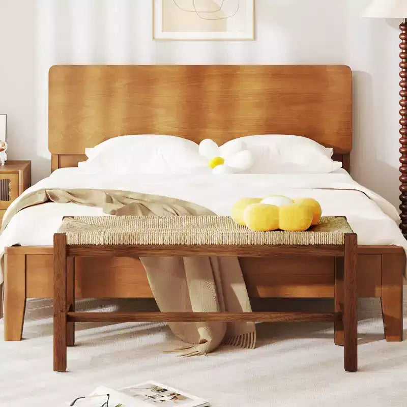 40" Long Wood Bench Indoor Dining Entryway End of Bed Bench with Natural Seagrass Seat