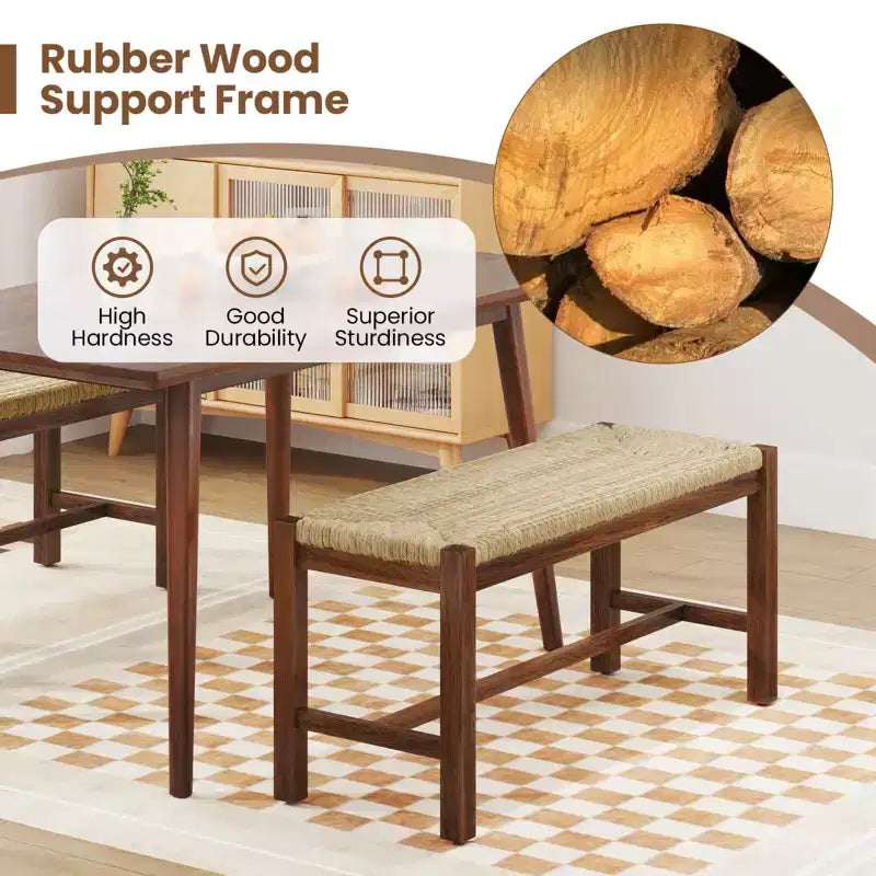40" Long Wood Bench Indoor Dining Entryway End of Bed Bench with Natural Seagrass Seat