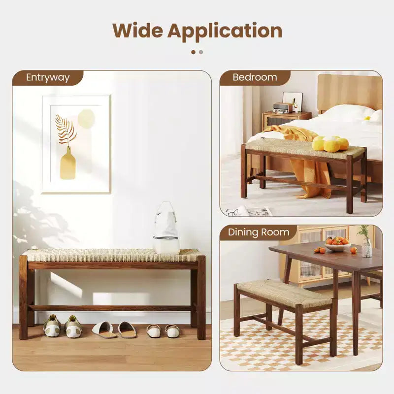 40" Long Wood Bench Indoor Dining Entryway End of Bed Bench with Natural Seagrass Seat