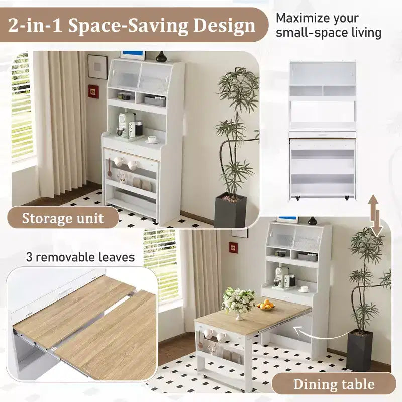 33.5" Buffet with Hutch & Foldable Table, 2-in-1 Space-Saving Storage Unit for Small Spaces