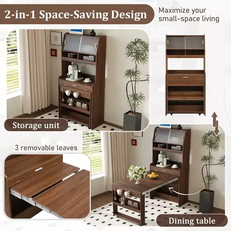 33.5" Buffet with Hutch & Foldable Table, 2-in-1 Space-Saving Storage Unit for Small Spaces