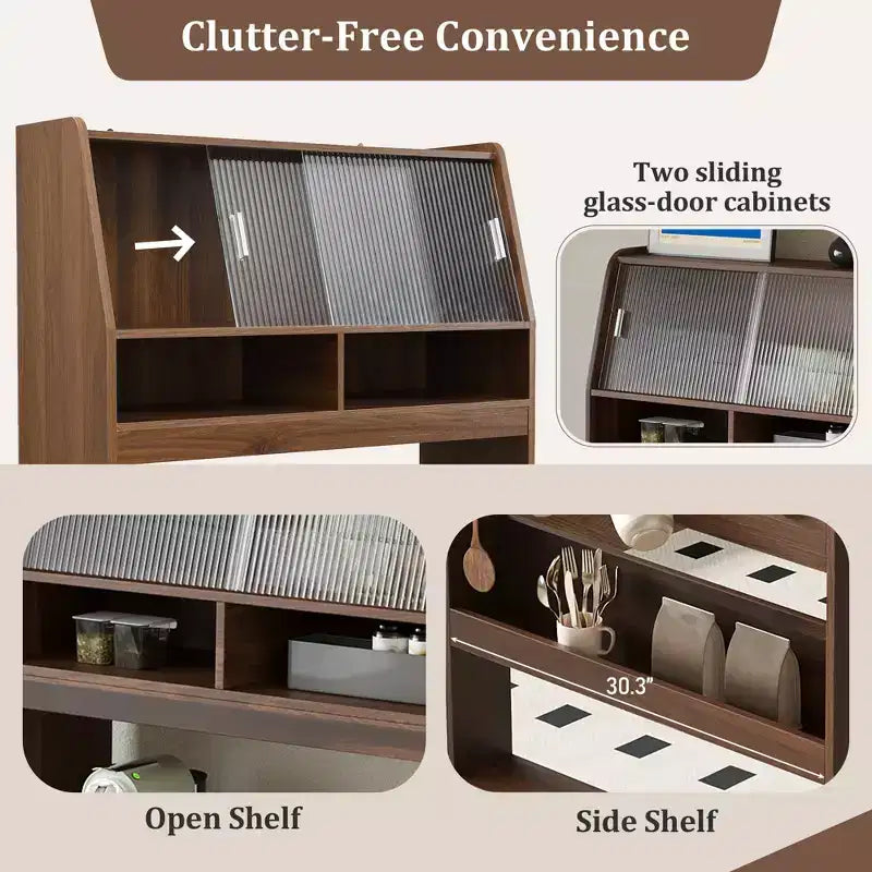33.5" Buffet with Hutch & Foldable Table, 2-in-1 Space-Saving Storage Unit for Small Spaces