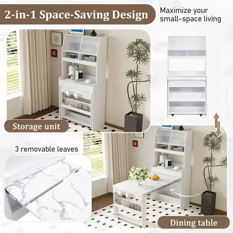 33.5" Buffet with Hutch & Foldable Table, 2-in-1 Space-Saving Storage Unit for Small Spaces