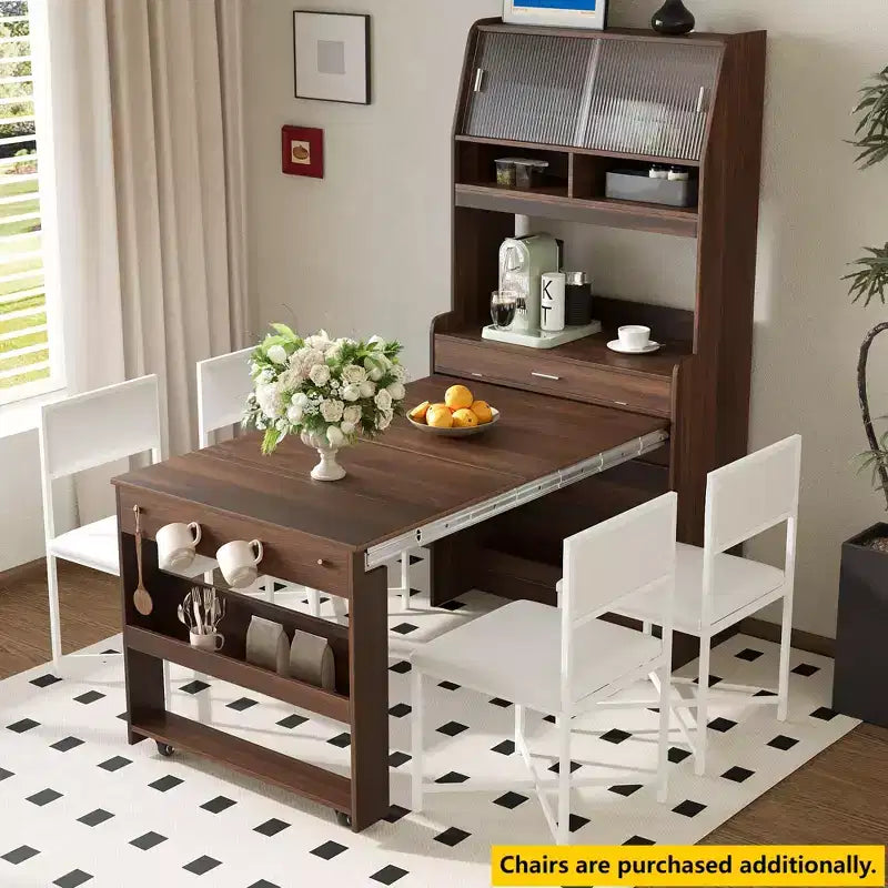 33.5" Buffet with Hutch & Foldable Table, 2-in-1 Space-Saving Storage Unit for Small Spaces
