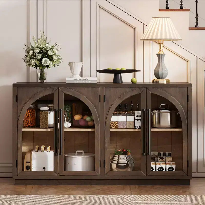 4-Door Large Storage Sideboard Buffet Cabinet with Glass Doors, Retro Arched Design