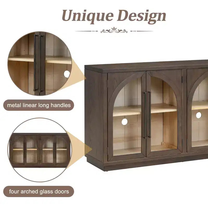 4-Door Large Storage Sideboard Buffet Cabinet with Glass Doors, Retro Arched Design