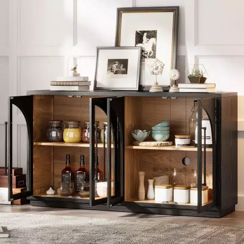 4-Door Large Storage Sideboard Buffet Cabinet with Glass Doors, Retro Arched Design