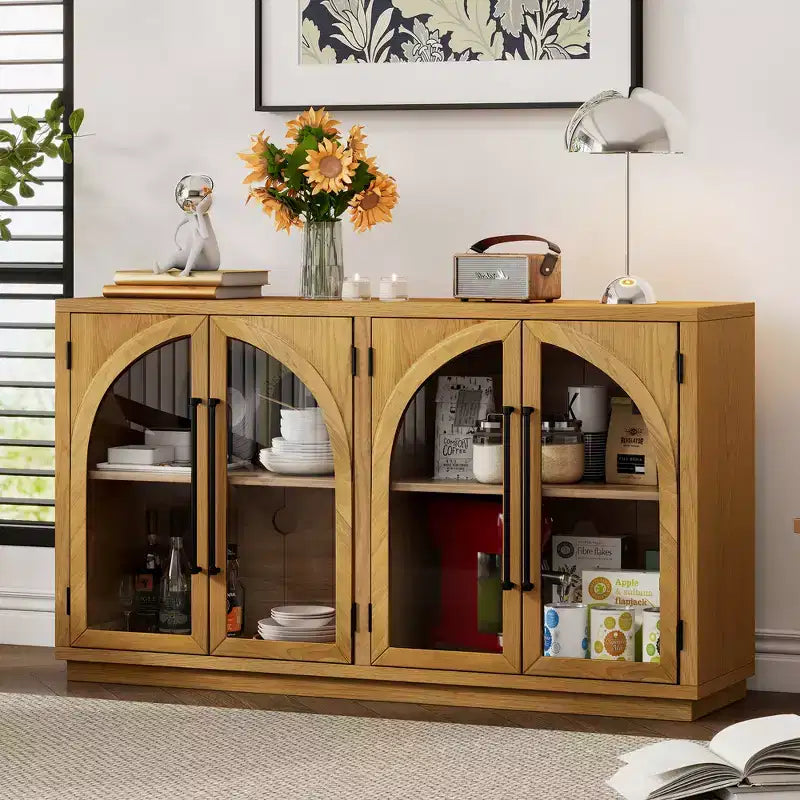 4-Door Large Storage Sideboard Buffet Cabinet with Glass Doors, Retro Arched Design
