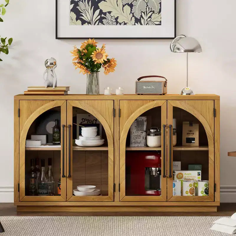 4-Door Large Storage Sideboard Buffet Cabinet with Glass Doors, Retro Arched Design