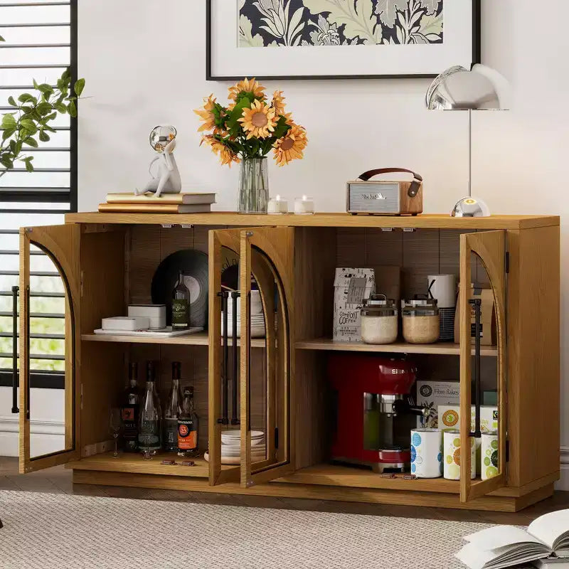 4-Door Large Storage Sideboard Buffet Cabinet with Glass Doors, Retro Arched Design