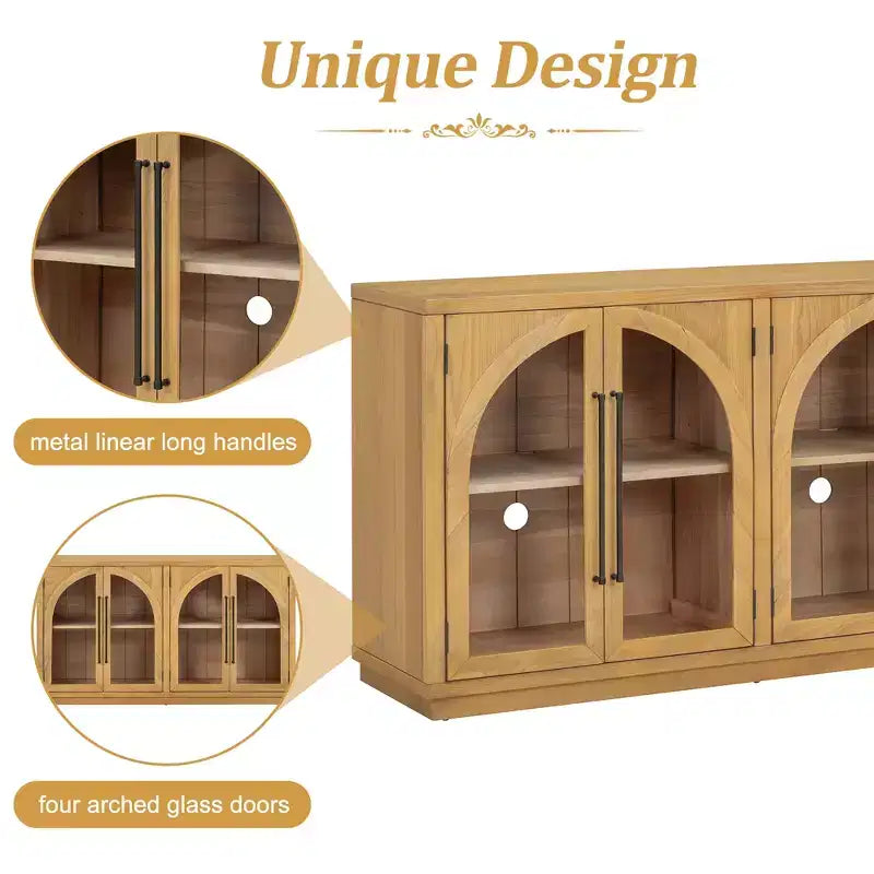 4-Door Large Storage Sideboard Buffet Cabinet with Glass Doors, Retro Arched Design