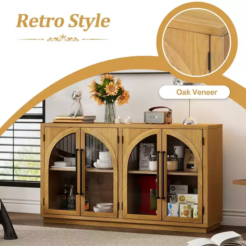 4-Door Large Storage Sideboard Buffet Cabinet with Glass Doors, Retro Arched Design