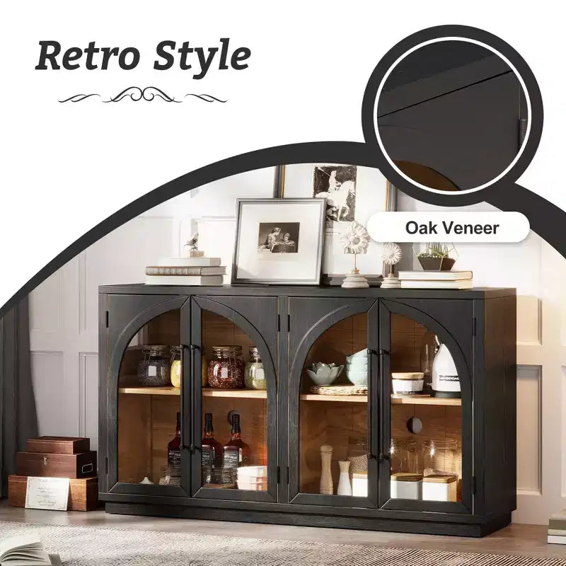 4-Door Large Storage Sideboard Buffet Cabinet with Glass Doors, Retro Arched Design