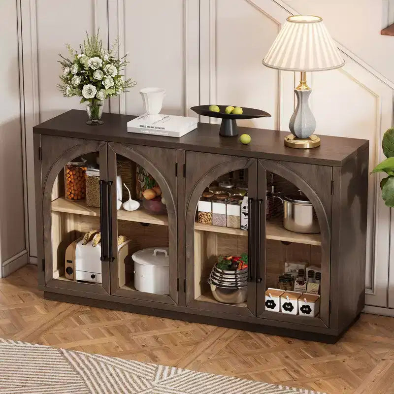 4-Door Large Storage Sideboard Buffet Cabinet with Glass Doors, Retro Arched Design