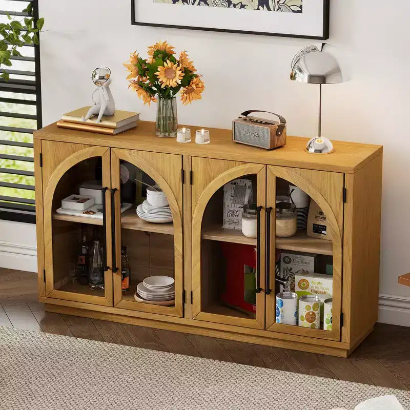 4-Door Large Storage Sideboard Buffet Cabinet with Glass Doors, Retro Arched Design