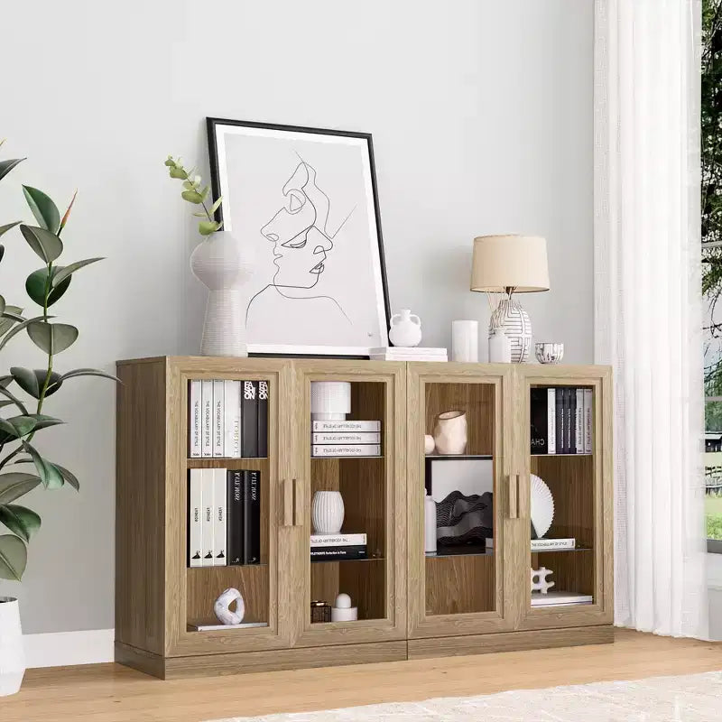 Wood Accent Cabinet with Adjustable Shelves, 4-Door Storage Cabinet for Living Room Kitchen Entryway