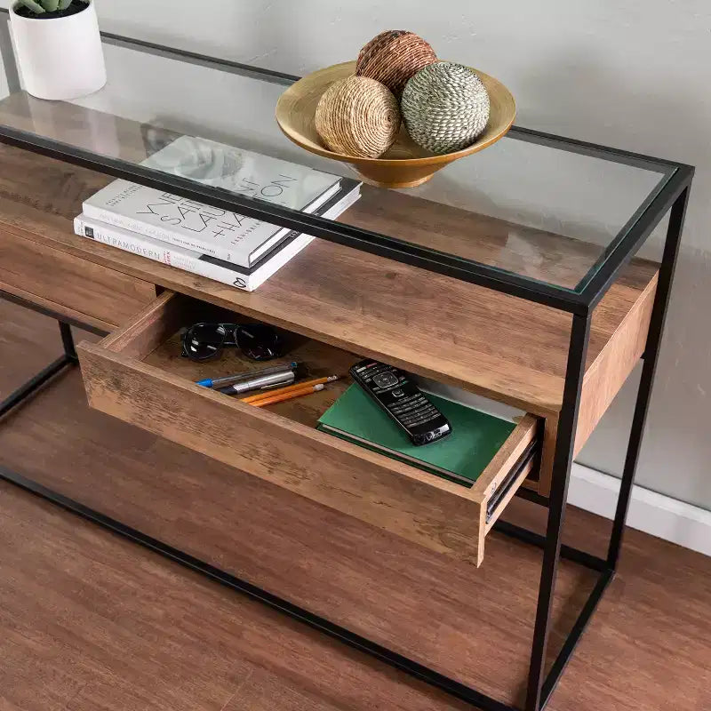 Olivern Glass-Top Console Table with Storage - Brown - SEI