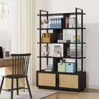 Bibliothèque en rotin à 5 niveaux de 180,6 cm de hauteur avec rangement et étagères ouvertes – Bibliothèque industrielle avec cadre en métal pour salon, chambre à coucher