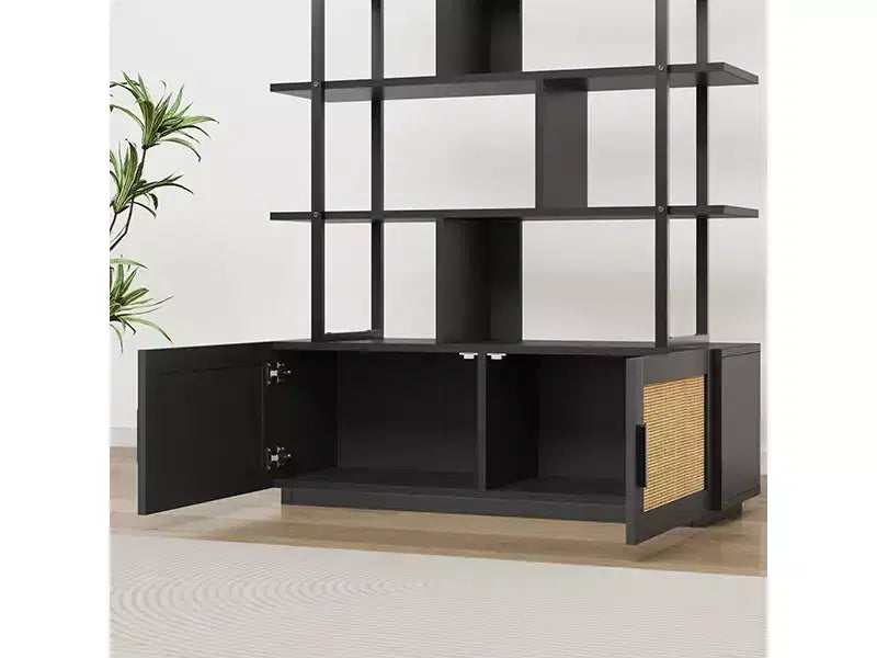 71.1 Inch Height 5-Tier Rattan Bookshelf with Storage and Open Display Shelves - Industrial Bookcase with Metal Frame for Living Room, Bedroom